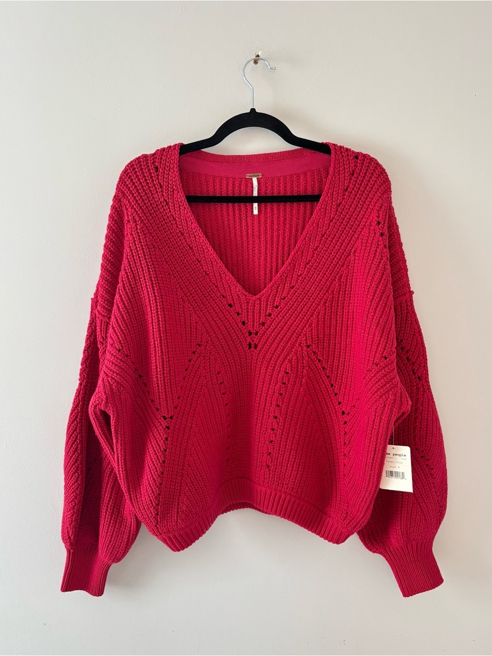 Free People NWT All Day Sweater V-Neck Oversized Chunky Open Knit Red Pink